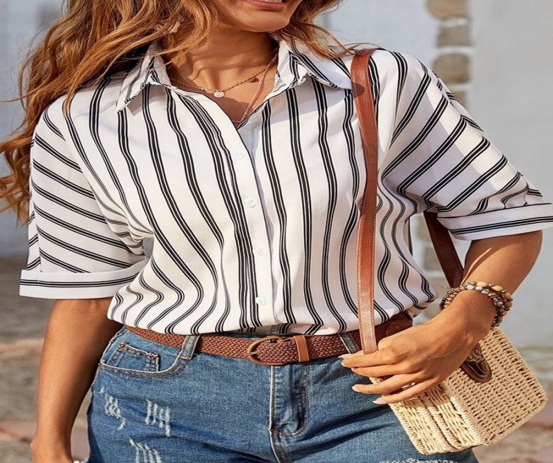 Short Sleeves Stripes Buttoned Casual Blouse
