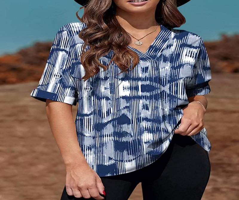 V Neck Short Sleeves Printed Blouse