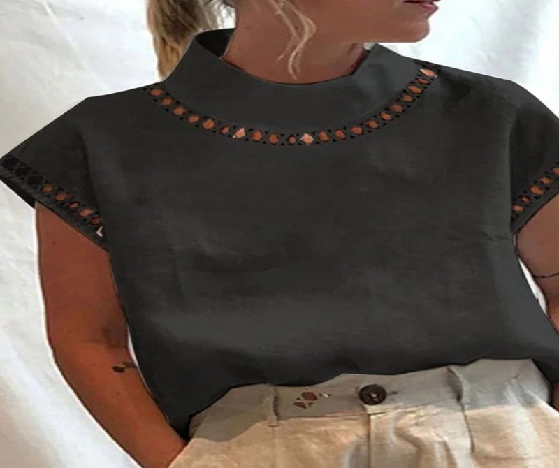 Solid Linen-blend Hollow Out Blouse
