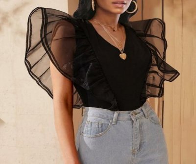 Ladies' Elegant And Fashionable Net Gauze Ruffle Design Blouse